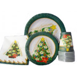 Merry Christmas Party Set - Serves 16 - Disposable Dinnerware